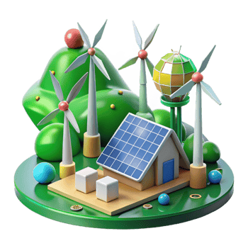extraordinary minimalist Green Energy Landscape with Windmills and Solar Panels Transparent Background png