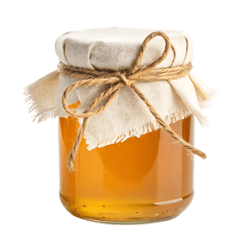 A jar of honey tied with twine and fabric. png