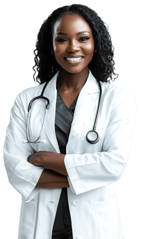 Portrait black female doctor wearing a white lab coat png