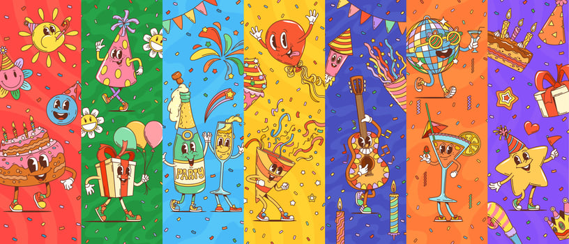 Cartoon groovy birthday holiday characters collage vector
