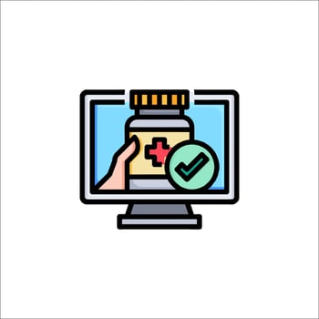 A hand holding a pill bottle and a check mark on the screen vector