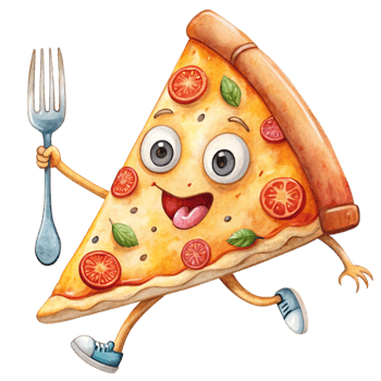 A slice of pizza character running with a fork png