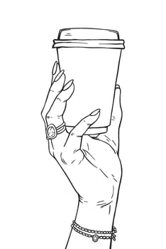 Line art of a hand holding a takeaway coffee cup vector