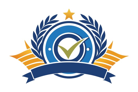 Blue and gold emblem with checkmark isolated on white background vector