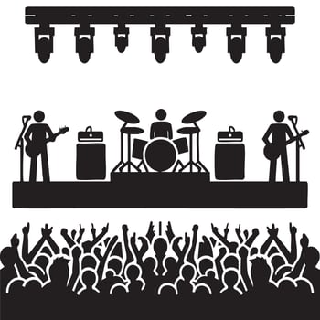 Silhouette Rock Band On Stage Performing Music for a Cheering Crowd vector