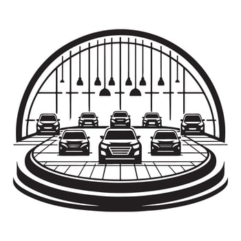 Car Showroom Silhouette Displaying Range of New Vehicles vector