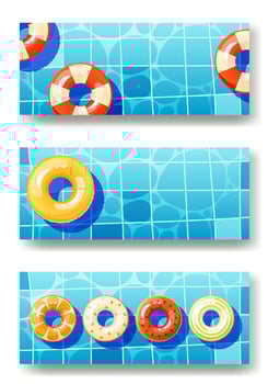 Set of three summer pool invitation backgrounds with space for text. Multicolored inflatable circles floating on the surface of the water, top view. Lifebuoy for the ocean, sea, pool. vector