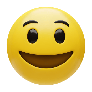 A cheerful, three-dimensional emoticon displaying genuine happiness. png