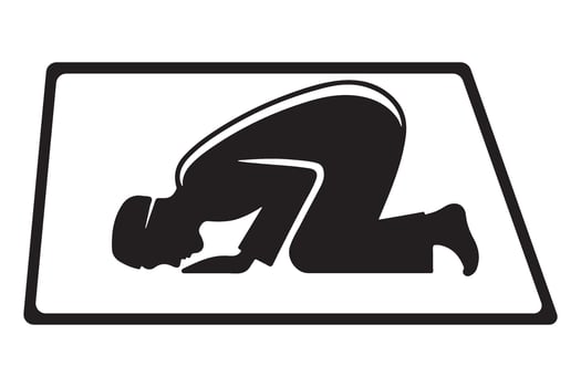 Muslim man prostrating in prayer silhouette illustration with prayer mat vector
