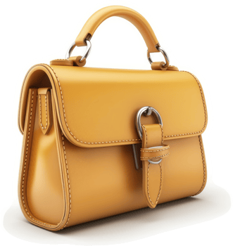 A mustard yellow leather handbag with a clasp closure. png