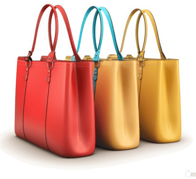 Three colorful leather tote bags in a row. png