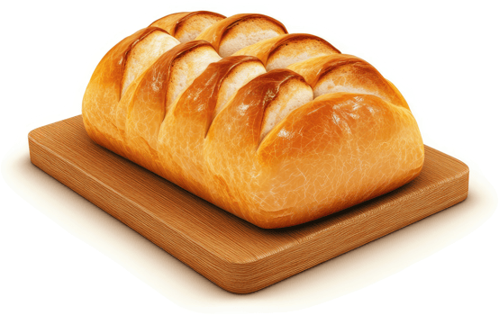 Golden loaf of bread sits on a wooden cutting board. png