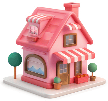 Cute, pink cartoon house with a shop front. png