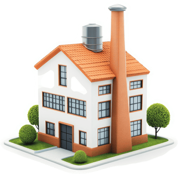 Industrial building with terracotta roof and smoke stack. png