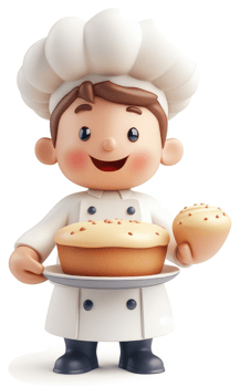 Cheerful cartoon chef displays baked goods. png