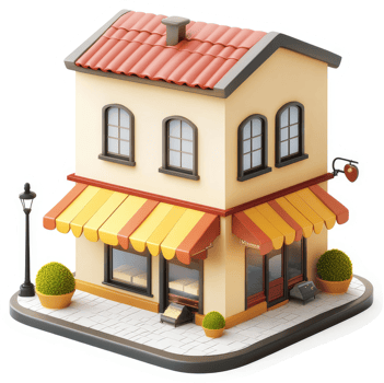 Charming two-story shopfront with awning and roof tiles. png