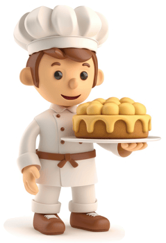 Cartoon chef holding a delicious-looking cake. png