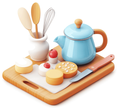 Wooden cutting board showcasing assorted culinary items. png