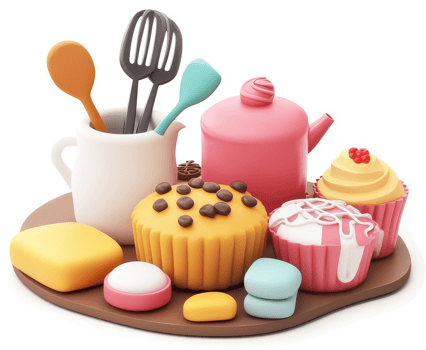 Colorful assortment of treats and kitchen utensils on a tray. png