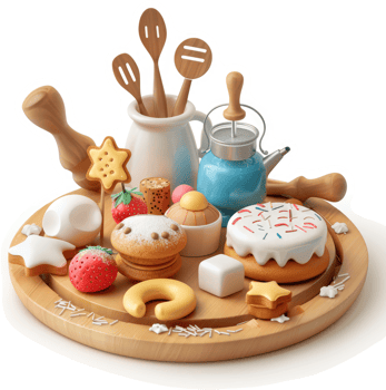 Colorful assortment of baked goods and kitchenware on a wooden platter. png