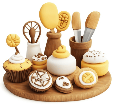 Gourmet treats and kitchen tools arranged on a wooden board. png