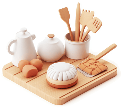 A collection of kitchen utensils and breakfast food items. png