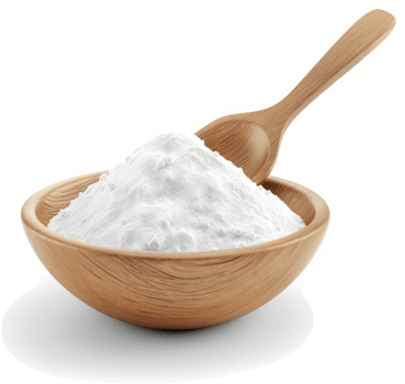 Wooden bowl of baking soda with wooden spoon. png
