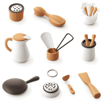 Kitchen utensils and containers in warm tones. png