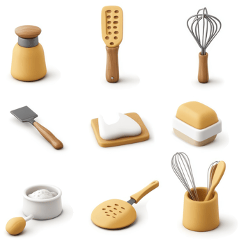 Colorful kitchen utensils and baking supplies displayed. png