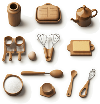 Wooden kitchen utensils and food items displayed in a stylized image. png