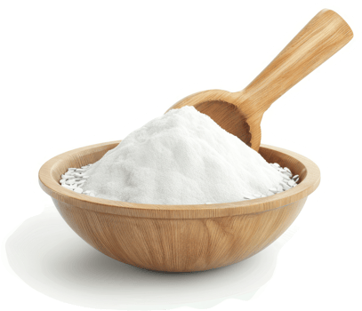 Wooden bowl of white powder with wooden scoop. png