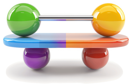 Colorful dumbbell resting on a divided platform. png