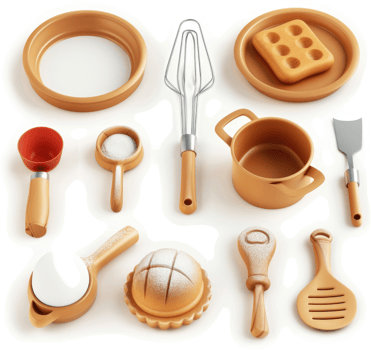Playful, miniature kitchen utensils and bakeware set. png