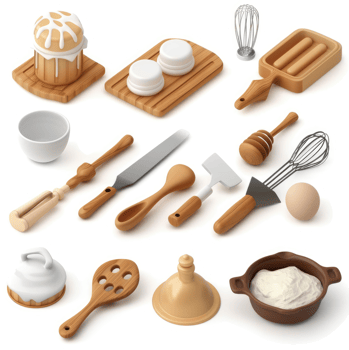 Assorted wooden and metal kitchen utensils for baking. png