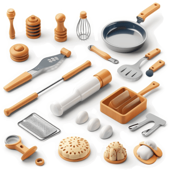 Assorted kitchen tools and baking accessories in a beige and gray palette. png