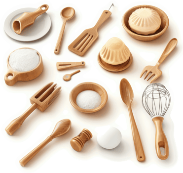 Wooden kitchen utensils and baking supplies displayed. png