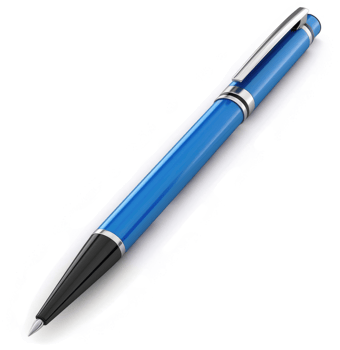A vibrant blue ballpoint pen, angled towards the viewer. png