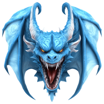 Ferocious, vibrant blue dragon head with large wings. png