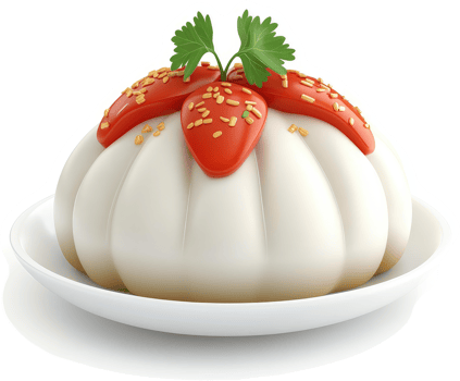 Delicious, tomato-topped steamed bun, presented on a plate. png