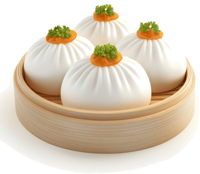 Steamed buns topped with a vibrant orange sauce. png