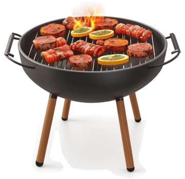 Outdoor portable grill with various grilled meats and vegetables. png