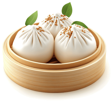 Steamed dumplings, a delightful culinary delight, served in a traditional bamboo steamer. png