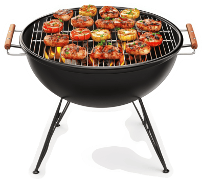 Round black grill with grilled food atop. png