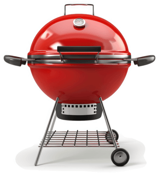 Round, red barbecue grill with stainless steel legs. png
