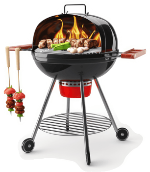 Round black grill with skewers and meats cooking. png