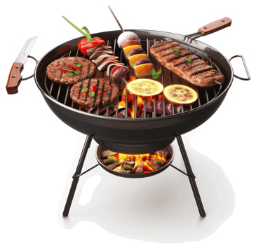 Delicious grilled meats and vegetables on a portable grill. png