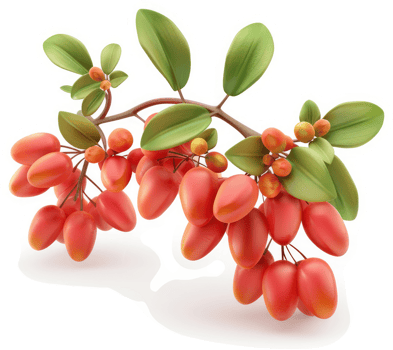 Vibrant red berries cluster on a leafy branch. png