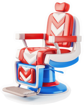 Vibrant red and blue barber chair with stylized accents. png