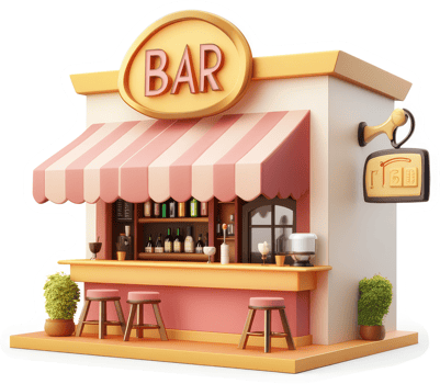 Cartoonish depiction of a charming, pastel-colored bar. png