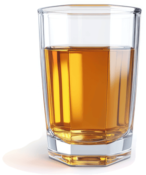 Clear shot glass filled with amber liquid. png